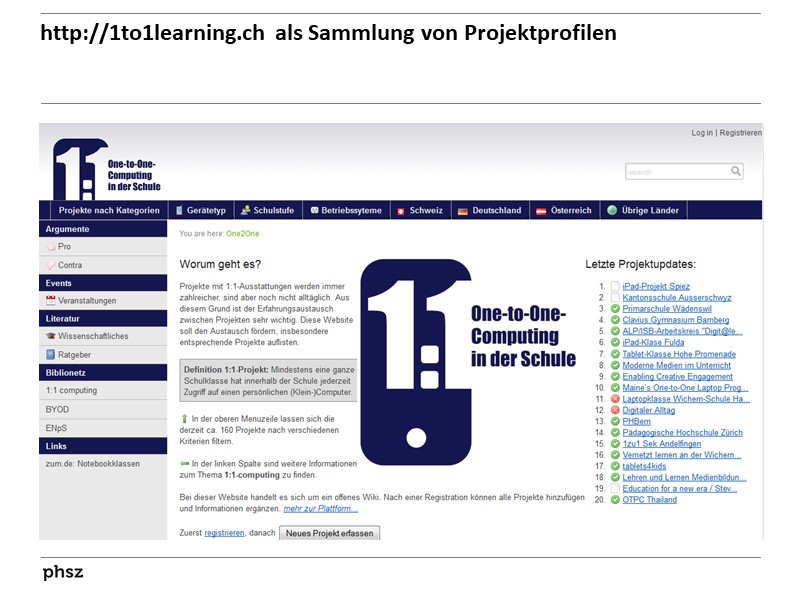  http://1to1learning.ch als Sammlung von Projektprofilen 